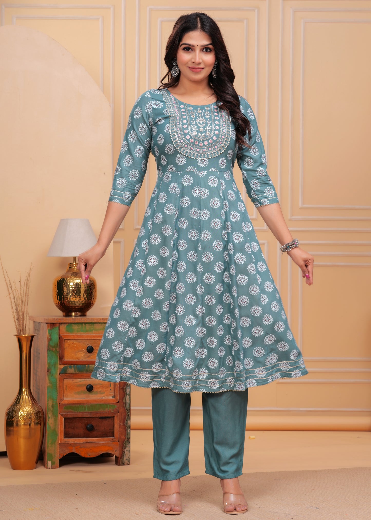 Women's Rayon Printed Anarkali Kurta Set with Embroidered Yoke and Chiffon Dupatta