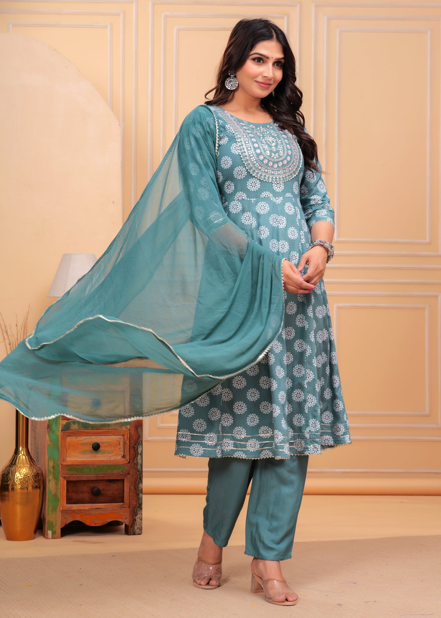Women's Rayon Printed Anarkali Kurta Set with Embroidered Yoke and Chiffon Dupatta