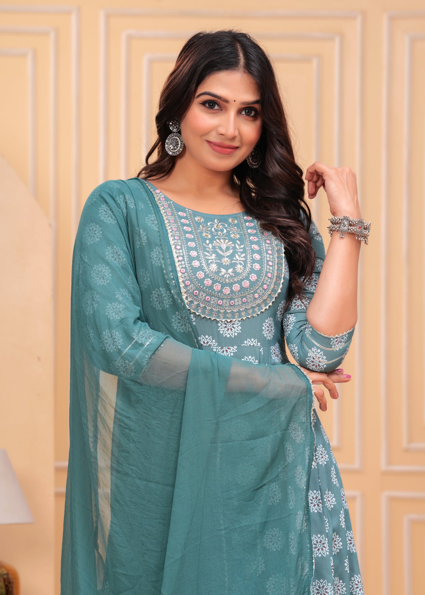 Women's Rayon Printed Anarkali Kurta Set with Embroidered Yoke and Chiffon Dupatta