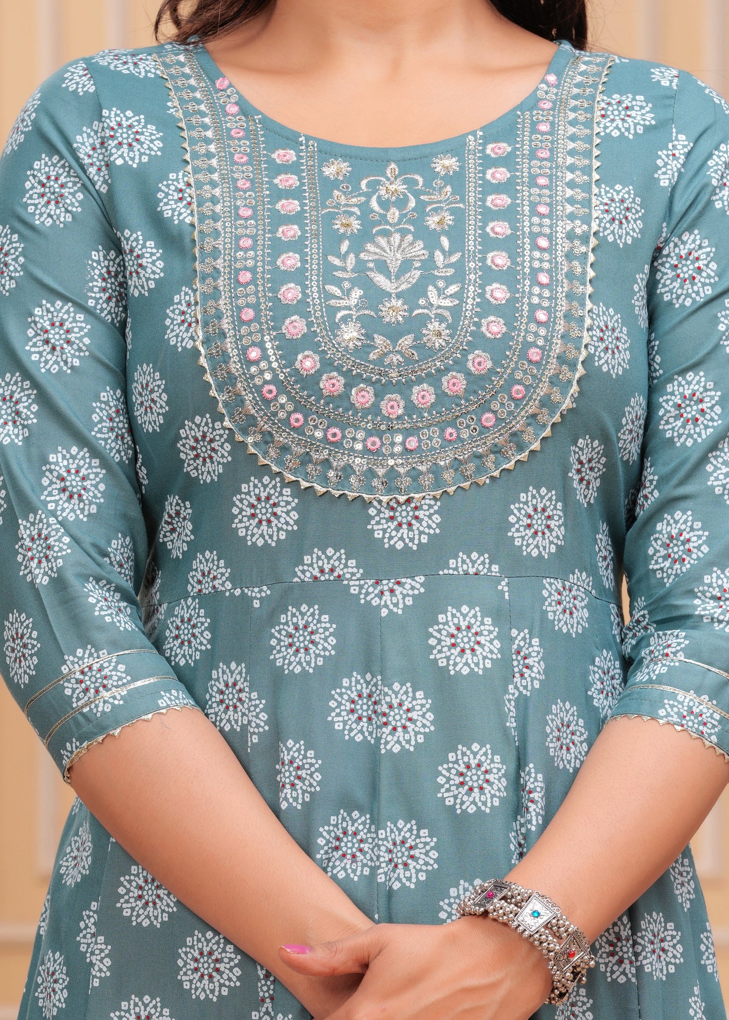 Women's Rayon Printed Anarkali Kurta Set with Embroidered Yoke and Chiffon Dupatta