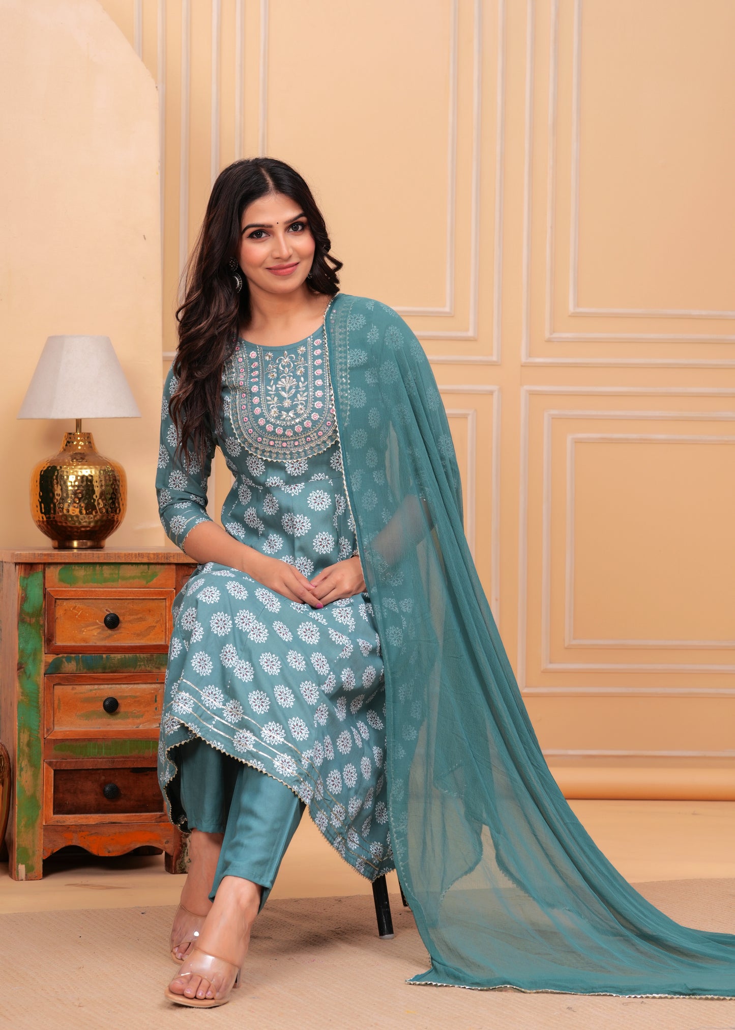 Women's Rayon Printed Anarkali Kurta Set with Embroidered Yoke and Chiffon Dupatta