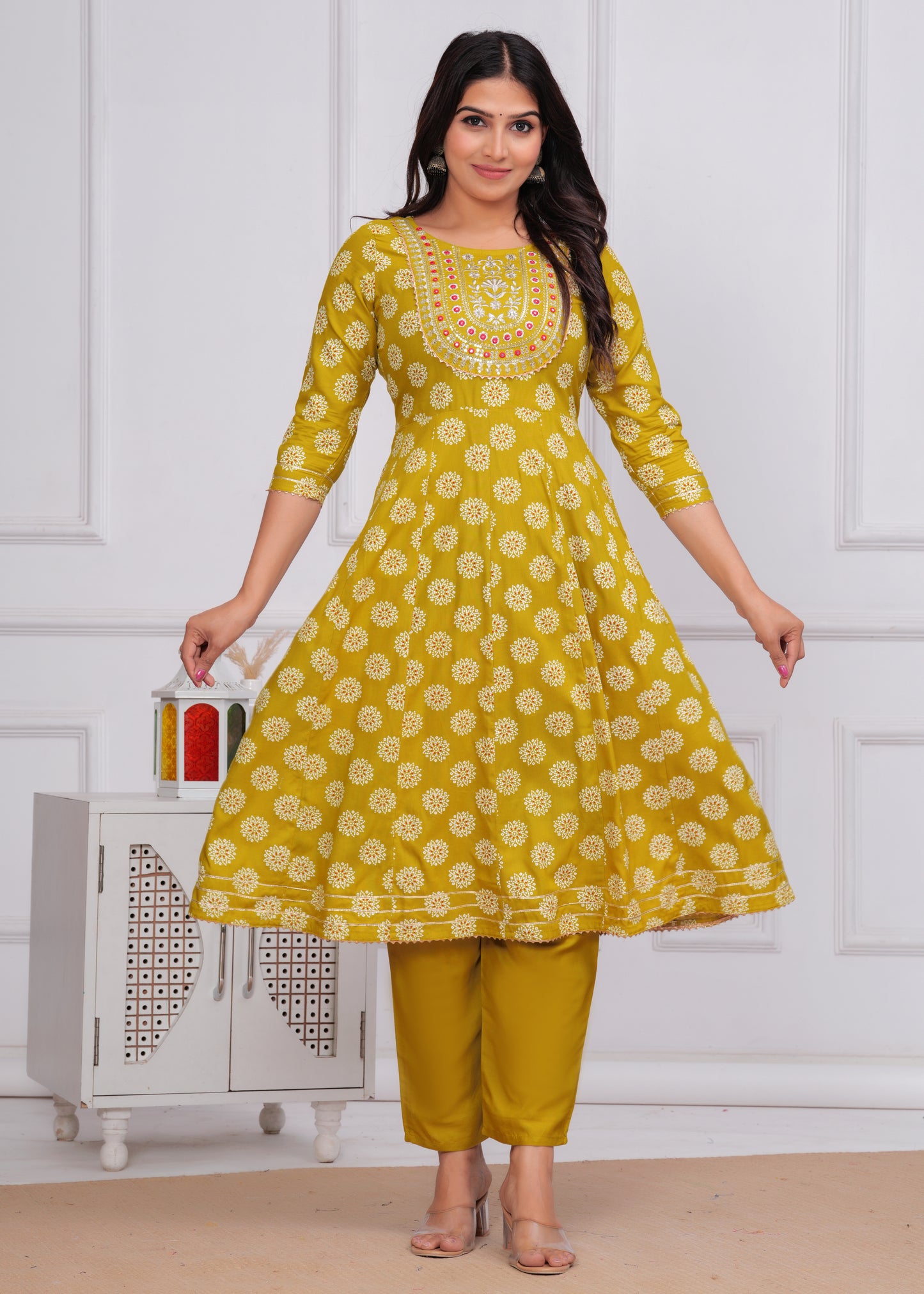 Women's Rayon Printed Anarkali Kurta Set with Embroidered Yoke and Chiffon Dupatta