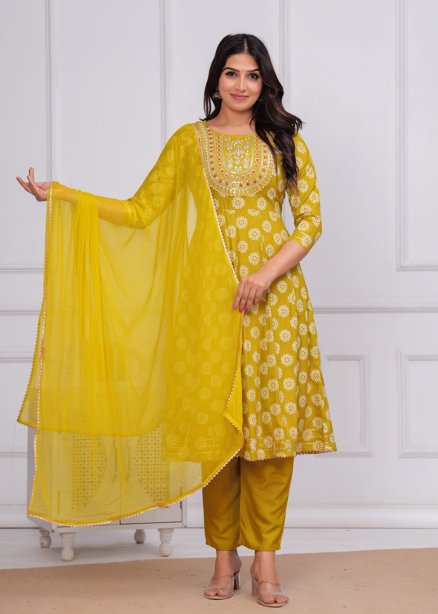Women's Rayon Printed Anarkali Kurta Set with Embroidered Yoke and Chiffon Dupatta
