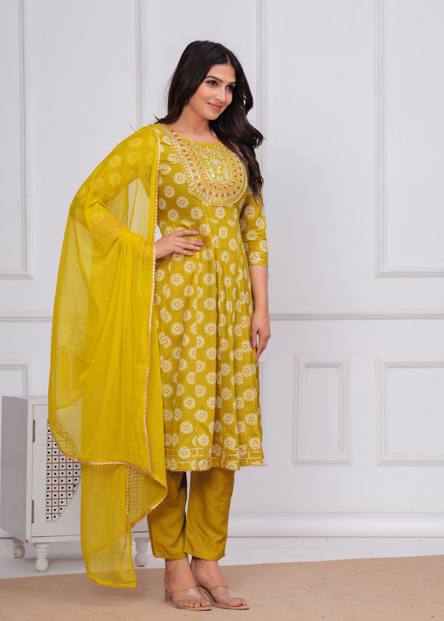 Women's Rayon Printed Anarkali Kurta Set with Embroidered Yoke and Chiffon Dupatta