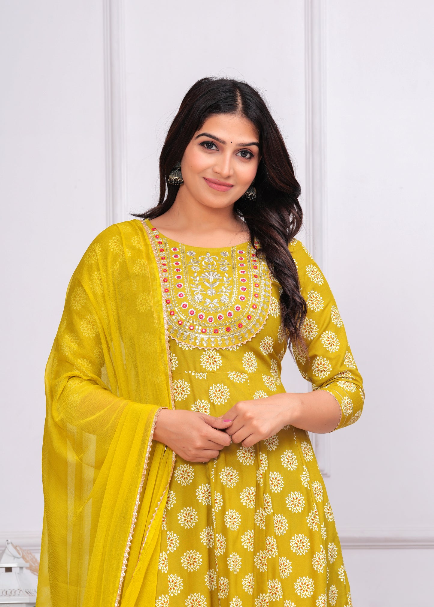 Women's Rayon Printed Anarkali Kurta Set with Embroidered Yoke and Chiffon Dupatta