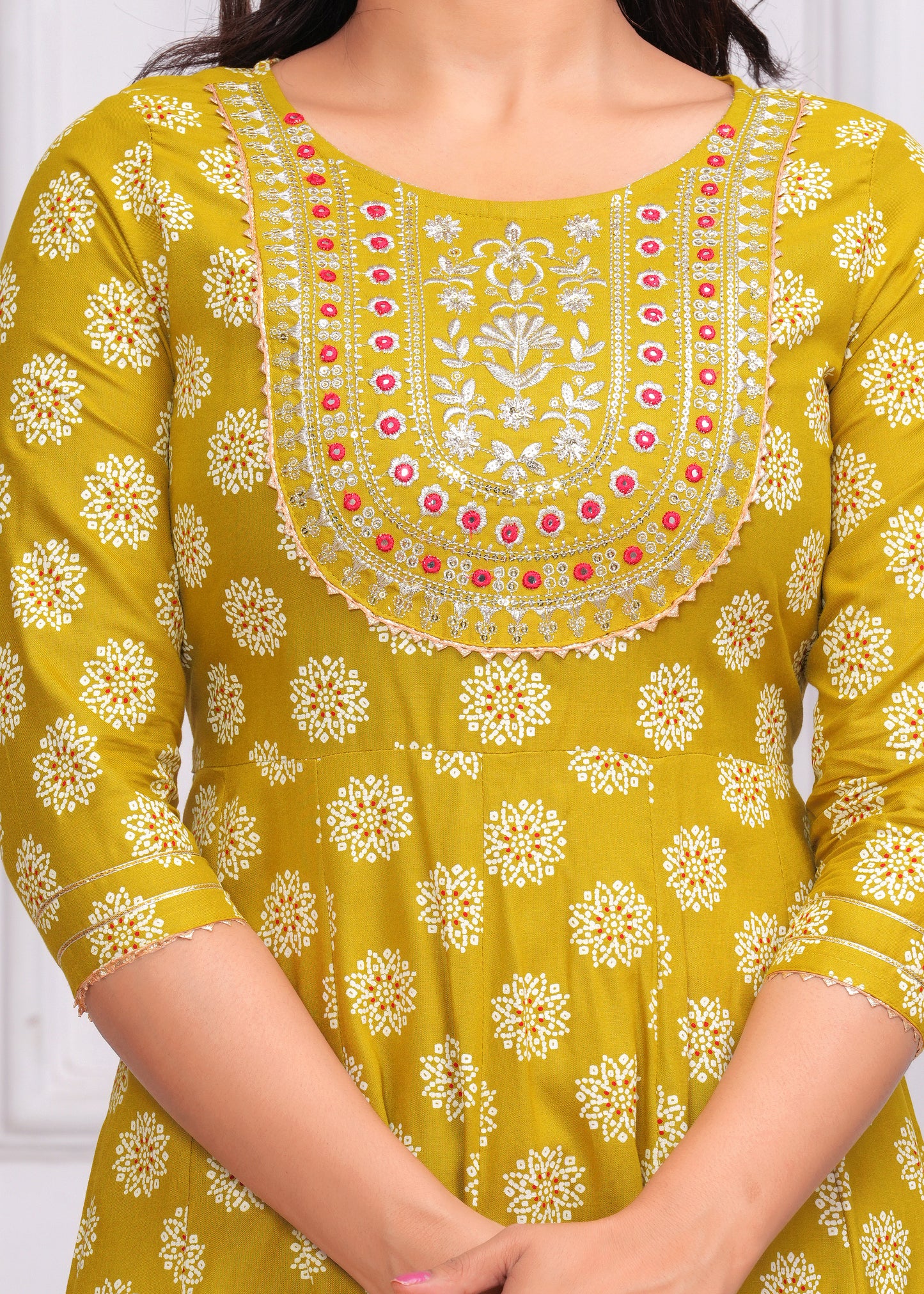 Women's Rayon Printed Anarkali Kurta Set with Embroidered Yoke and Chiffon Dupatta