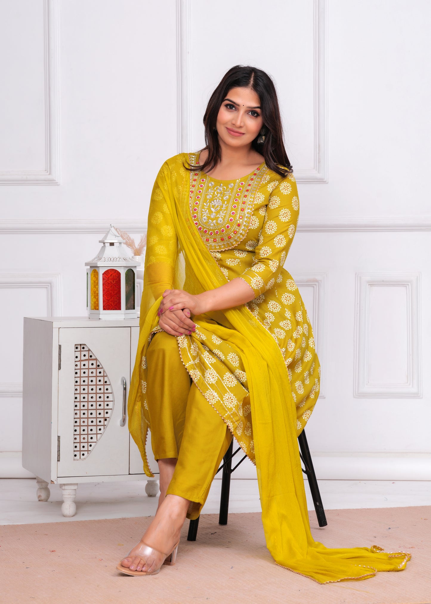 Women's Rayon Printed Anarkali Kurta Set with Embroidered Yoke and Chiffon Dupatta