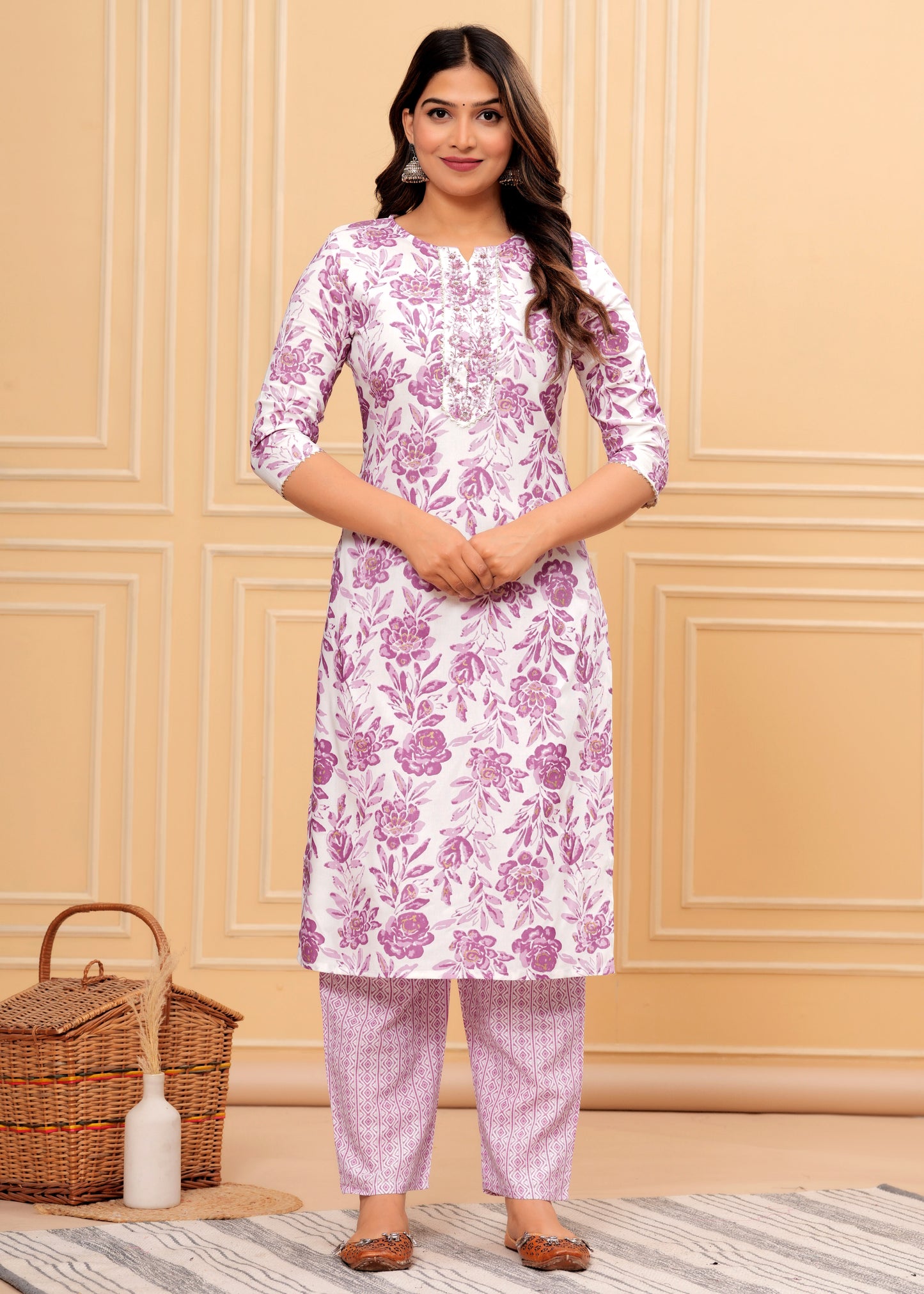 Women Rayon Printed Aliya Floral Print Straight Kurta Set with Cotton Dupatta