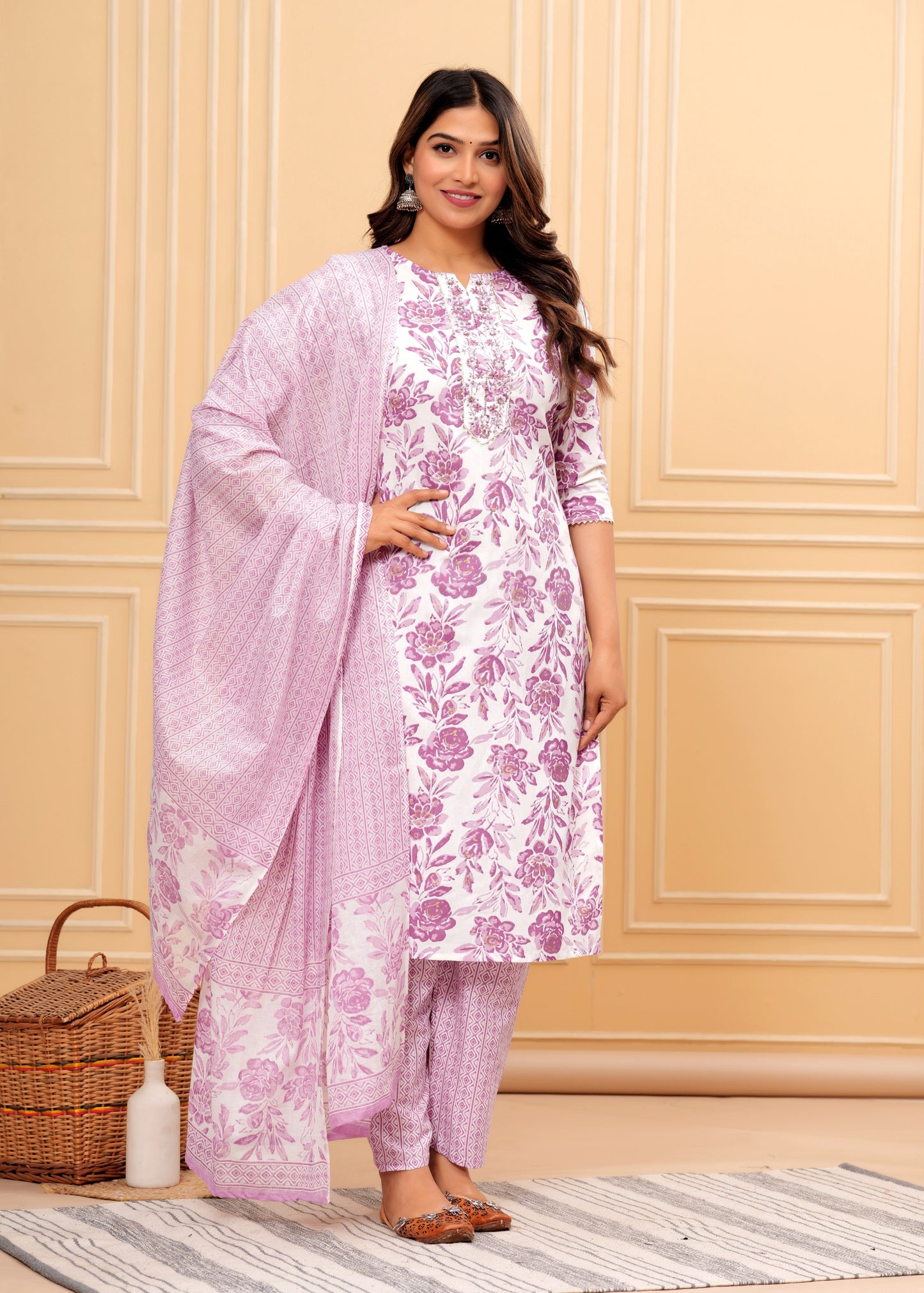 Women Rayon Printed Aliya Floral Print Straight Kurta Set with Cotton Dupatta