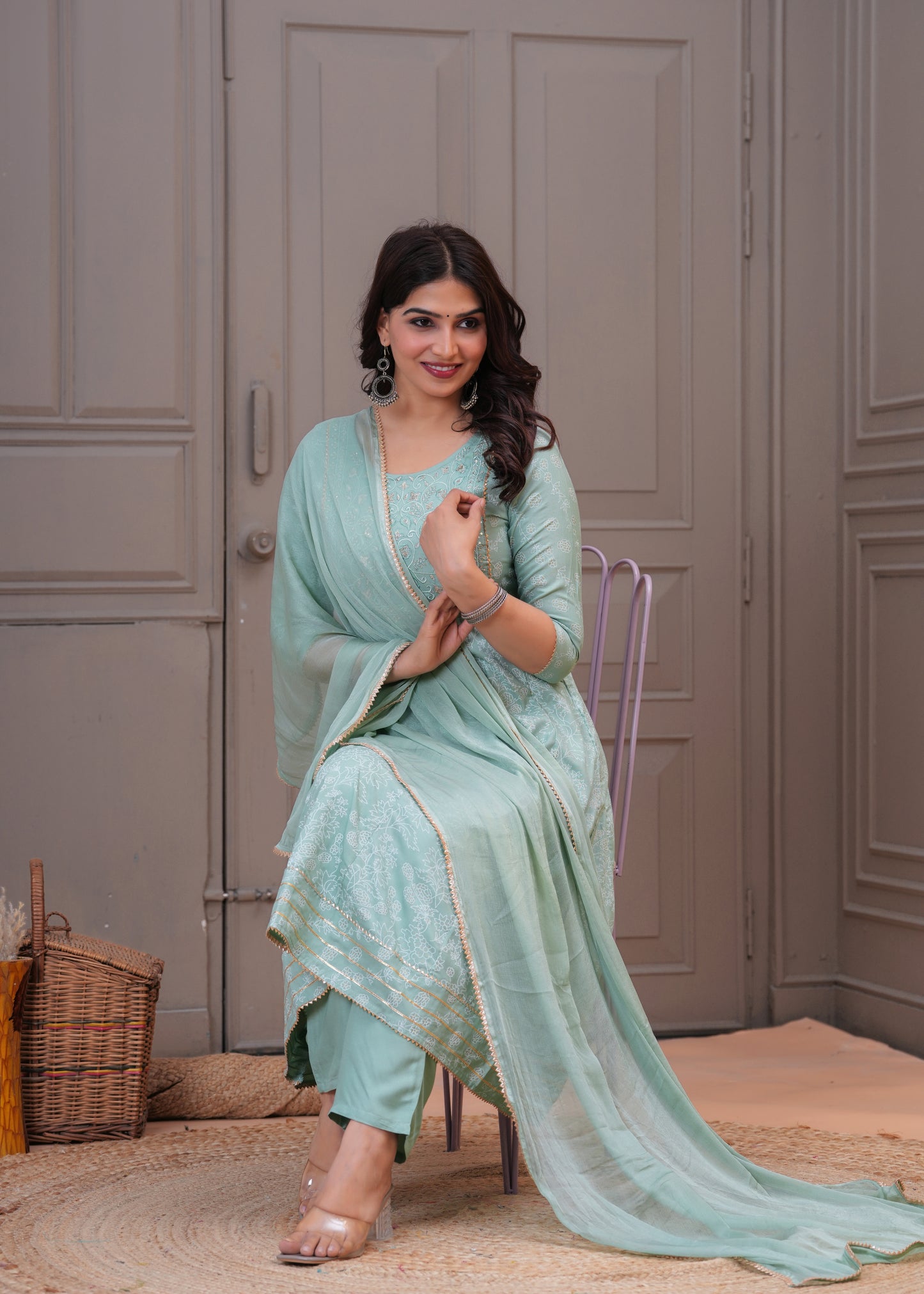 Women Mint Green A-Line Kurta Set with Embroidered Yoke & Dupatta