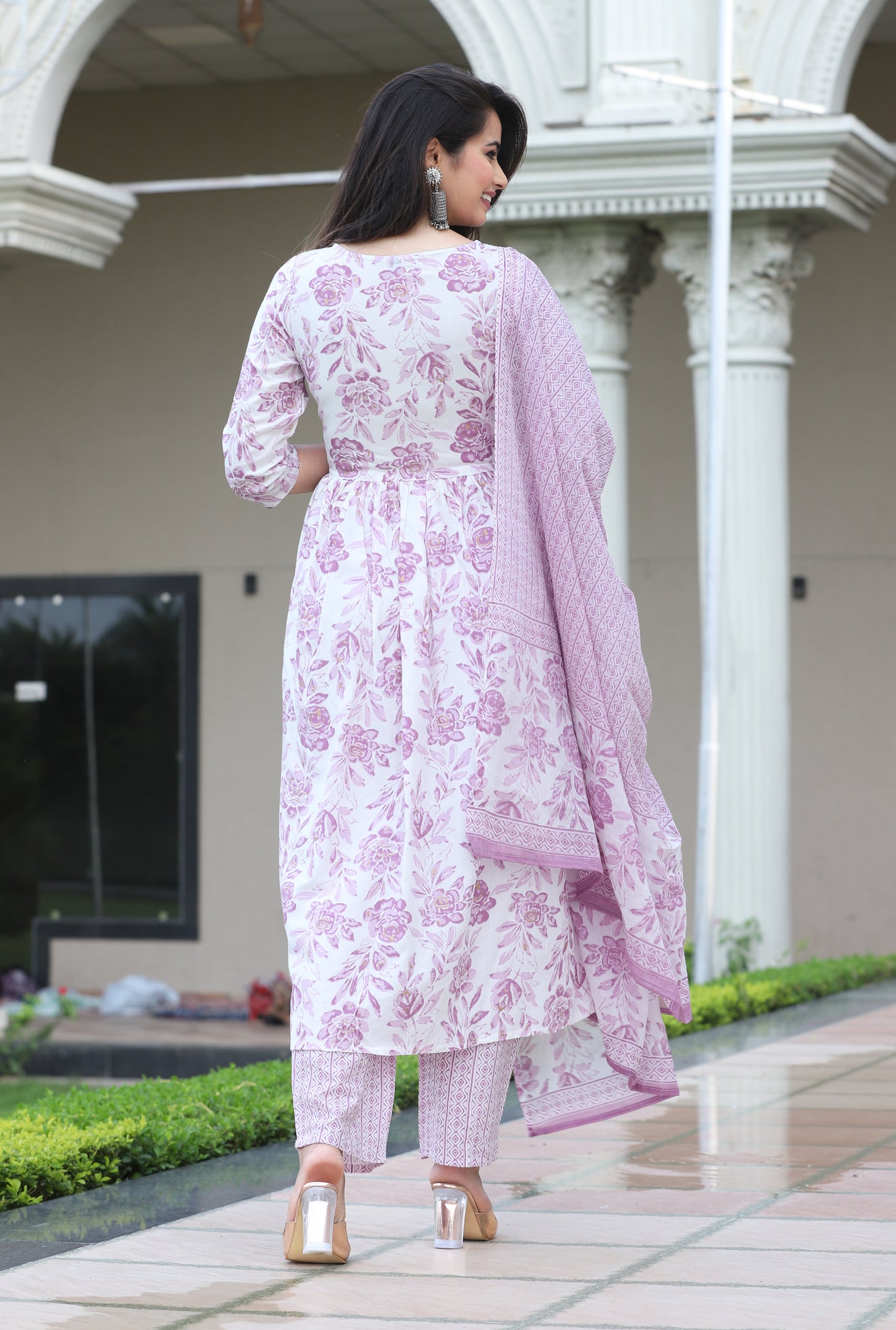 Women's Rayon Floral Print Anarkali Kurta Set with Cotton Dupatta and Printed Pants