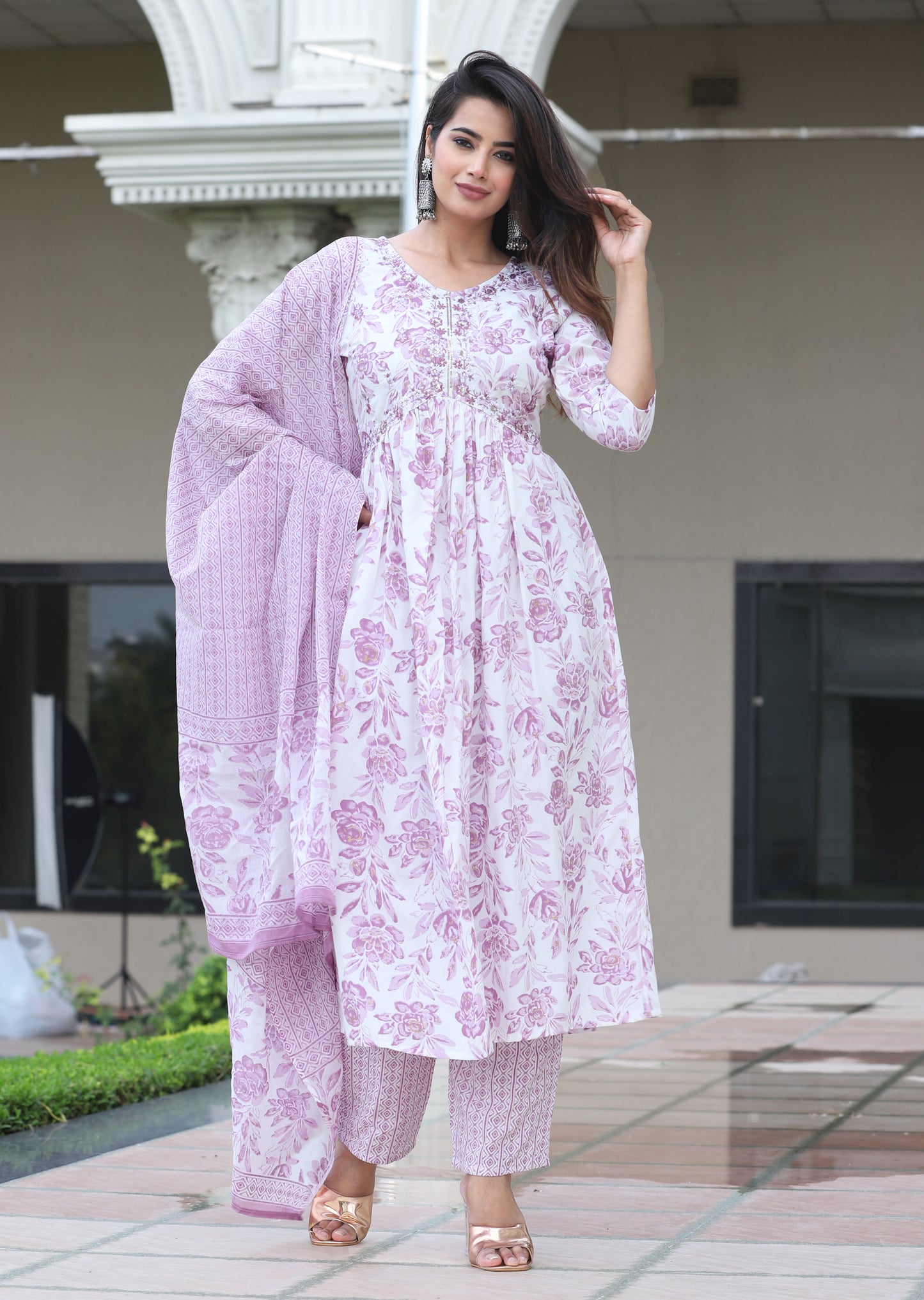 Women's Rayon Floral Print Anarkali Kurta Set with Cotton Dupatta and Printed Pants