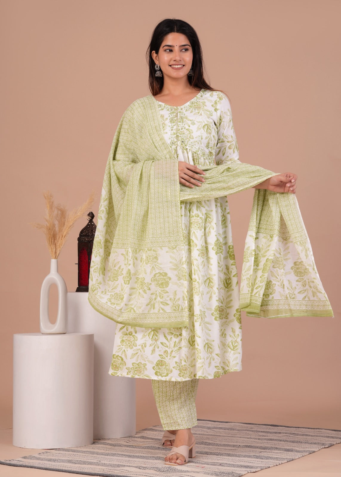 Women's Rayon Floral Print Anarkali Kurta Set with Cotton Dupatta and Printed Pants