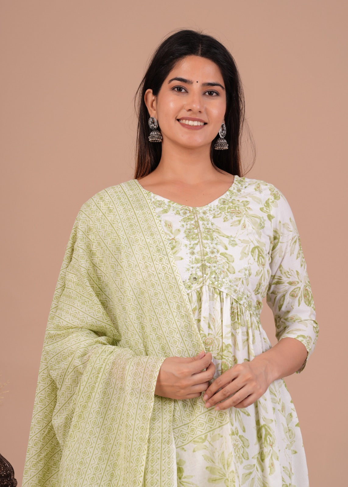 Women's Rayon Floral Print Anarkali Kurta Set with Cotton Dupatta and Printed Pants
