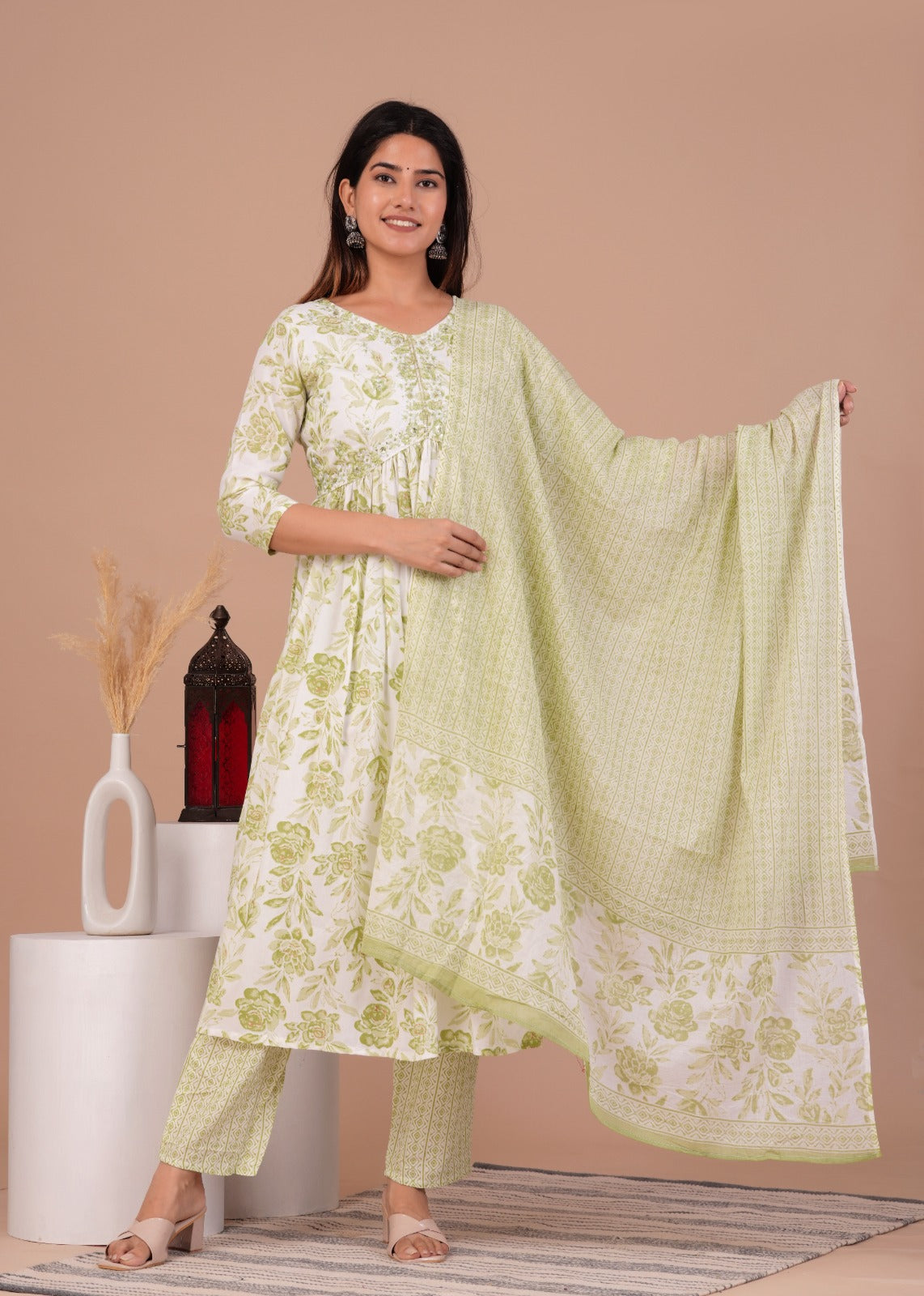 Women's Rayon Floral Print Anarkali Kurta Set with Cotton Dupatta and Printed Pants