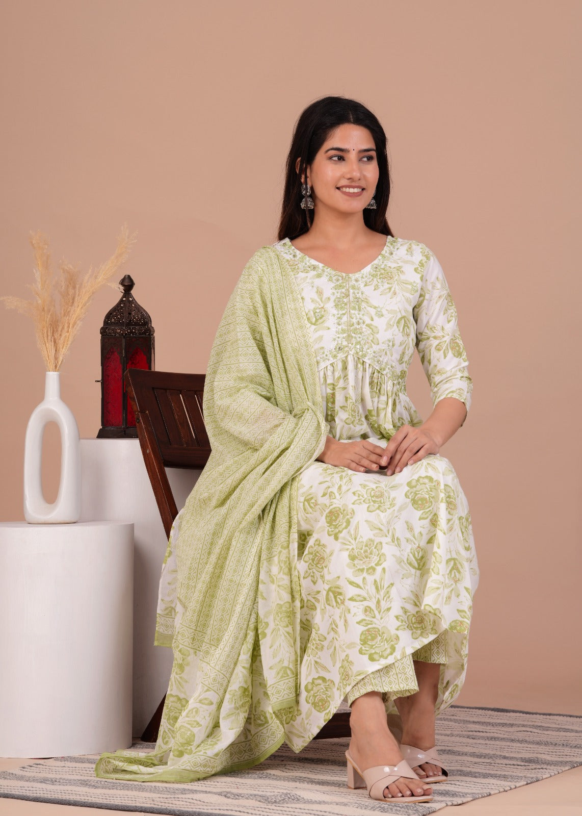 Women's Rayon Floral Print Anarkali Kurta Set with Cotton Dupatta and Printed Pants