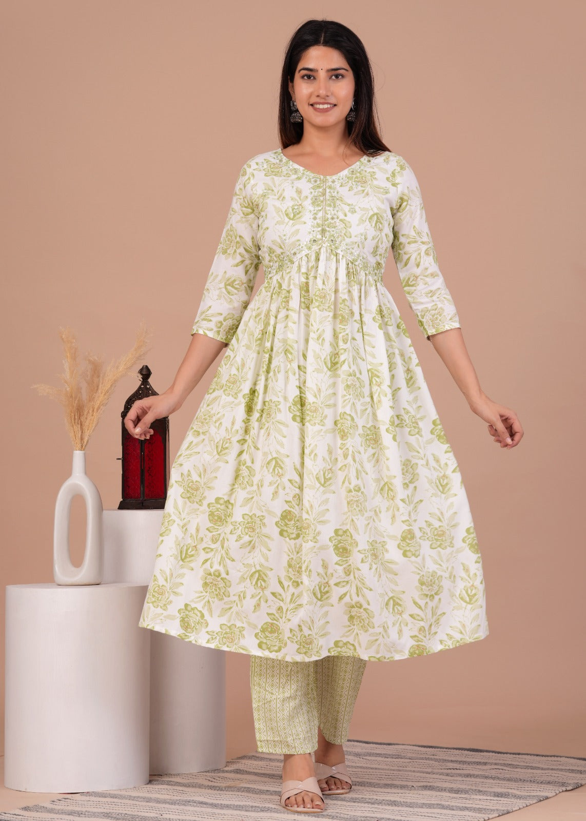 Women's Rayon Floral Print Anarkali Kurta Set with Cotton Dupatta and Printed Pants