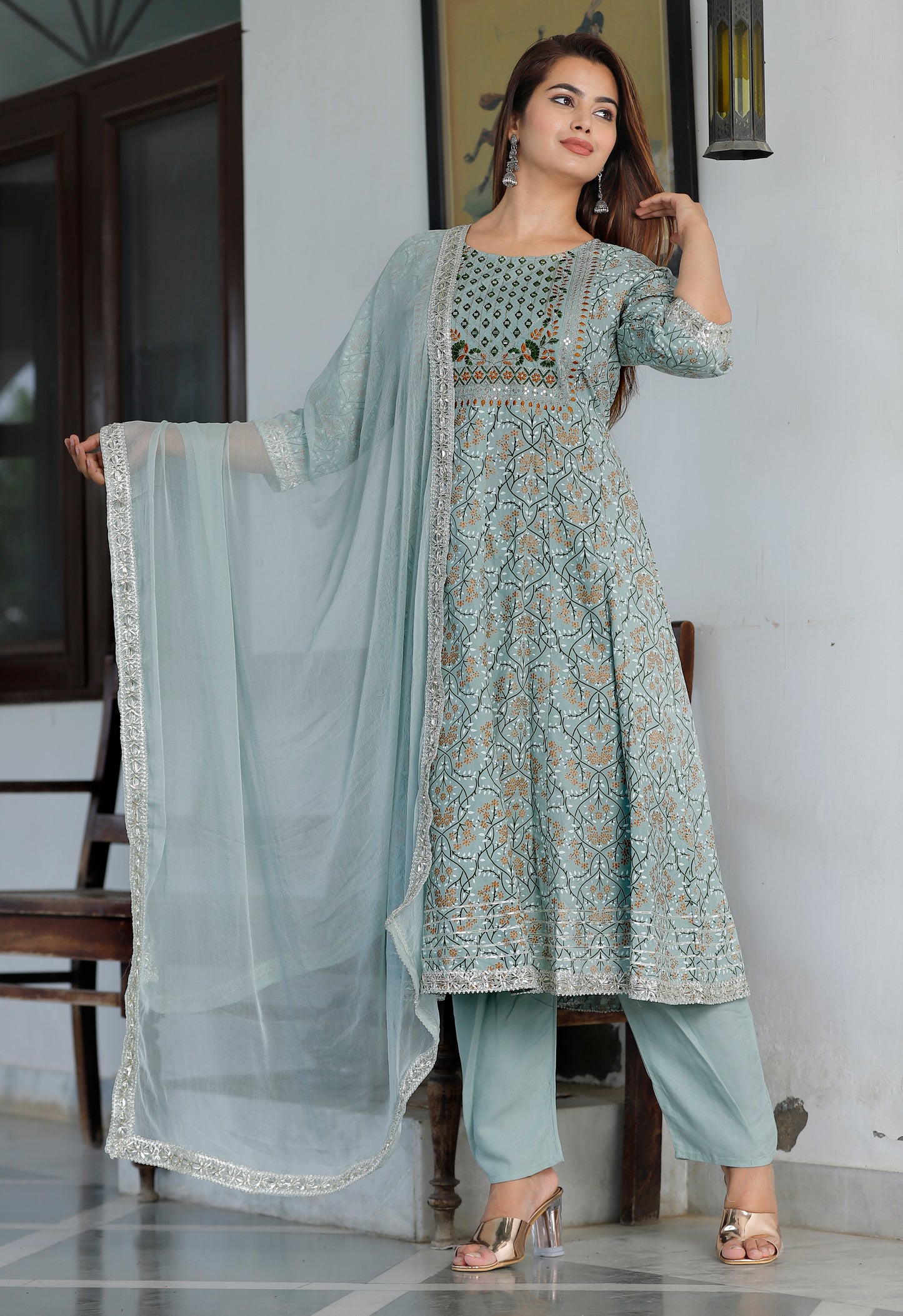 Women’s Rayon Makdi Print Kurta & Bottom Set with Cotton Dupatta – Ethnic Wear