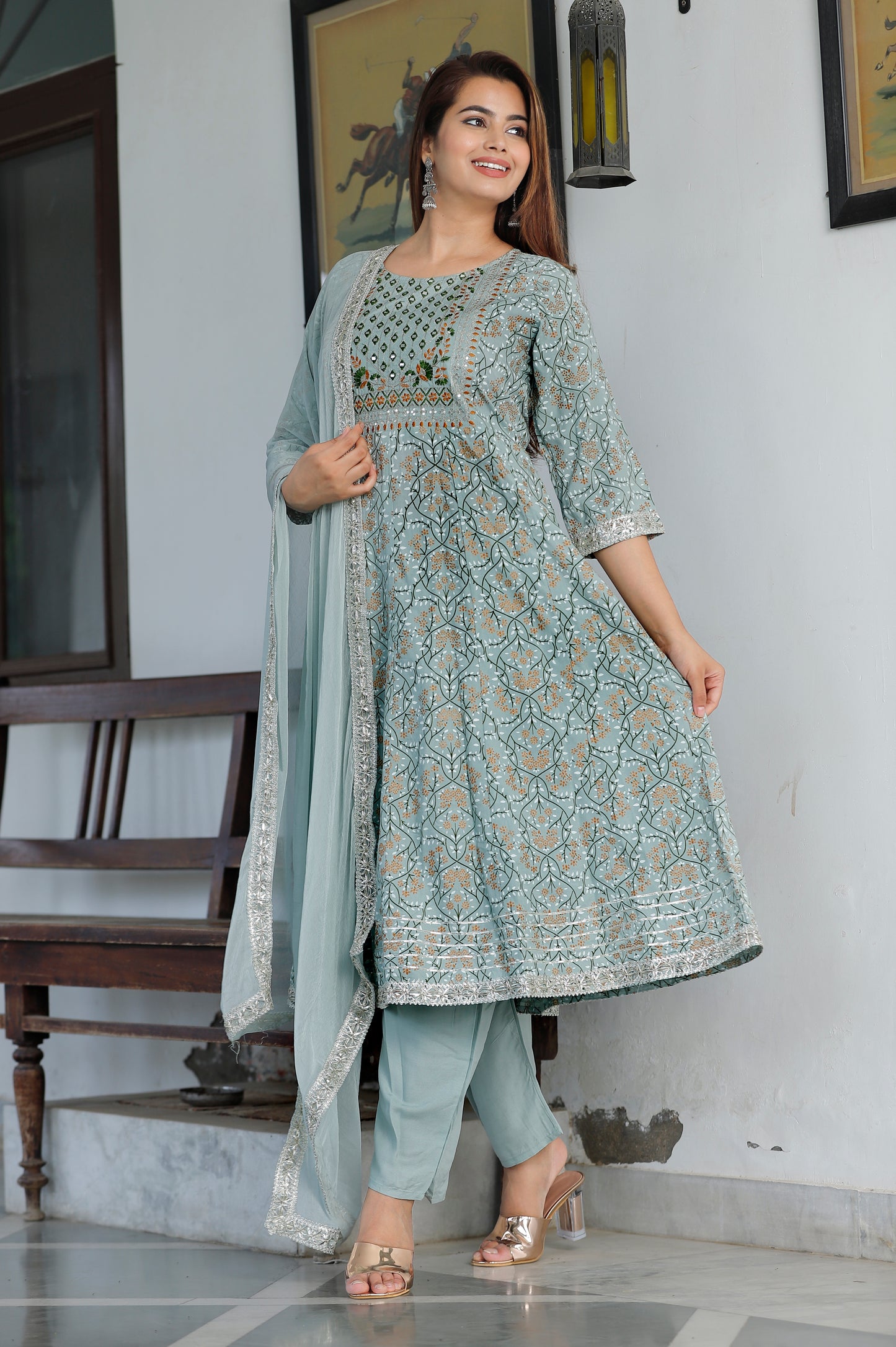Women’s Rayon Makdi Print Kurta & Bottom Set with Cotton Dupatta – Ethnic Wear
