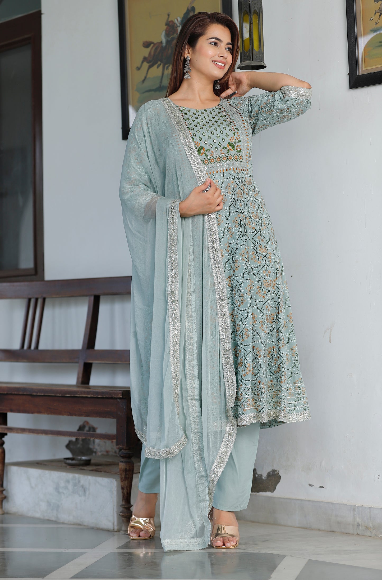 Women’s Rayon Makdi Print Kurta & Bottom Set with Cotton Dupatta – Ethnic Wear