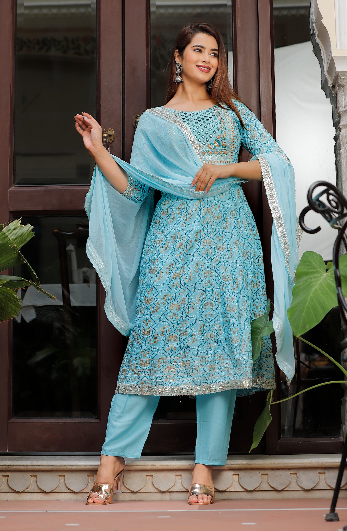 Women’s Rayon Makdi Print Kurta & Bottom Set with Cotton Dupatta – Ethnic Wear