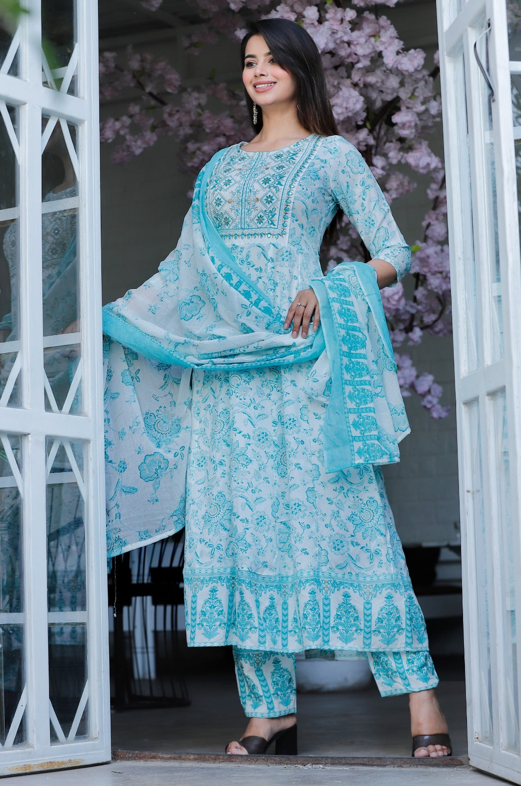 Women Multi-Color Rayon Anarkali Kurta Set with Embroidery & Cotton Dupatta