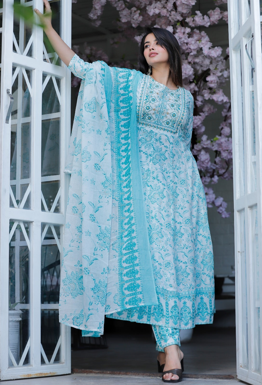 Women Multi-Color Rayon Anarkali Kurta Set with Embroidery & Cotton Dupatta
