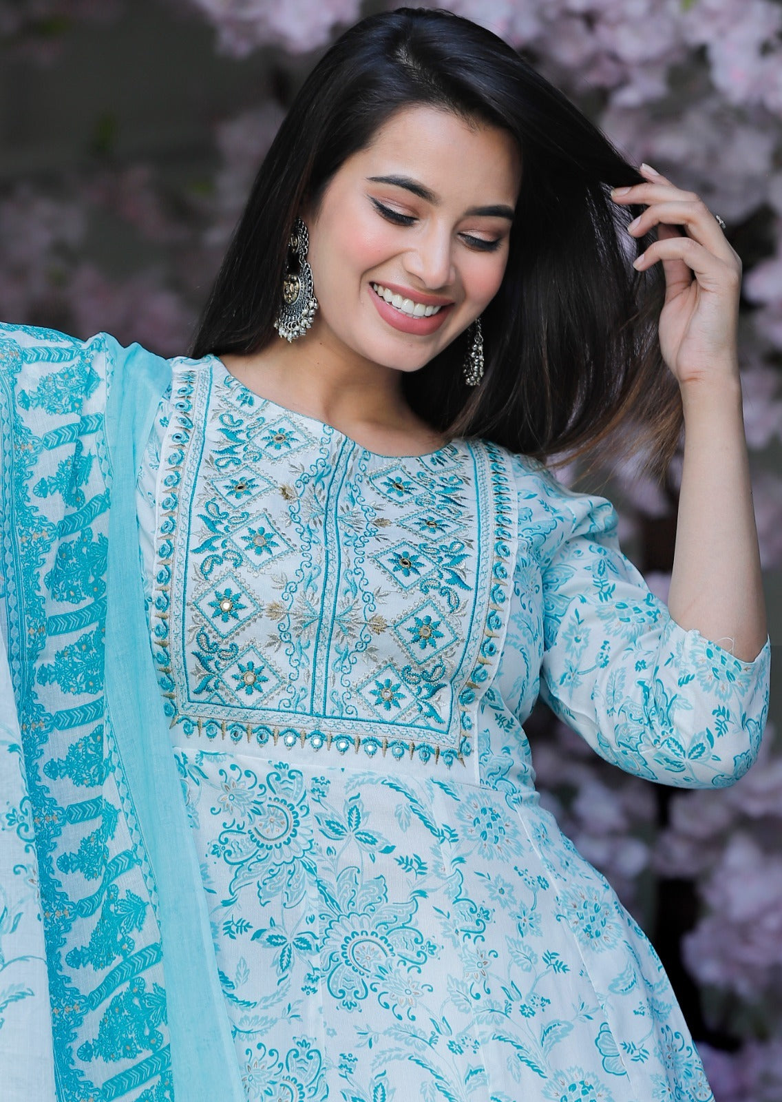 Women Multi-Color Rayon Anarkali Kurta Set with Embroidery & Cotton Dupatta