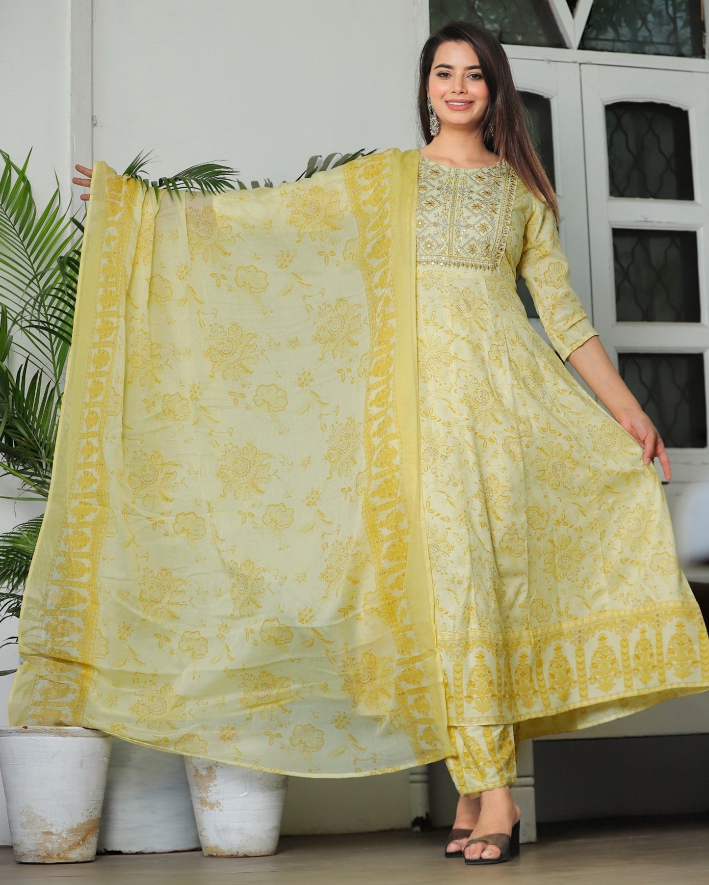 Women Multi-Color Rayon Anarkali Kurta Set with Embroidery & Cotton Dupatta