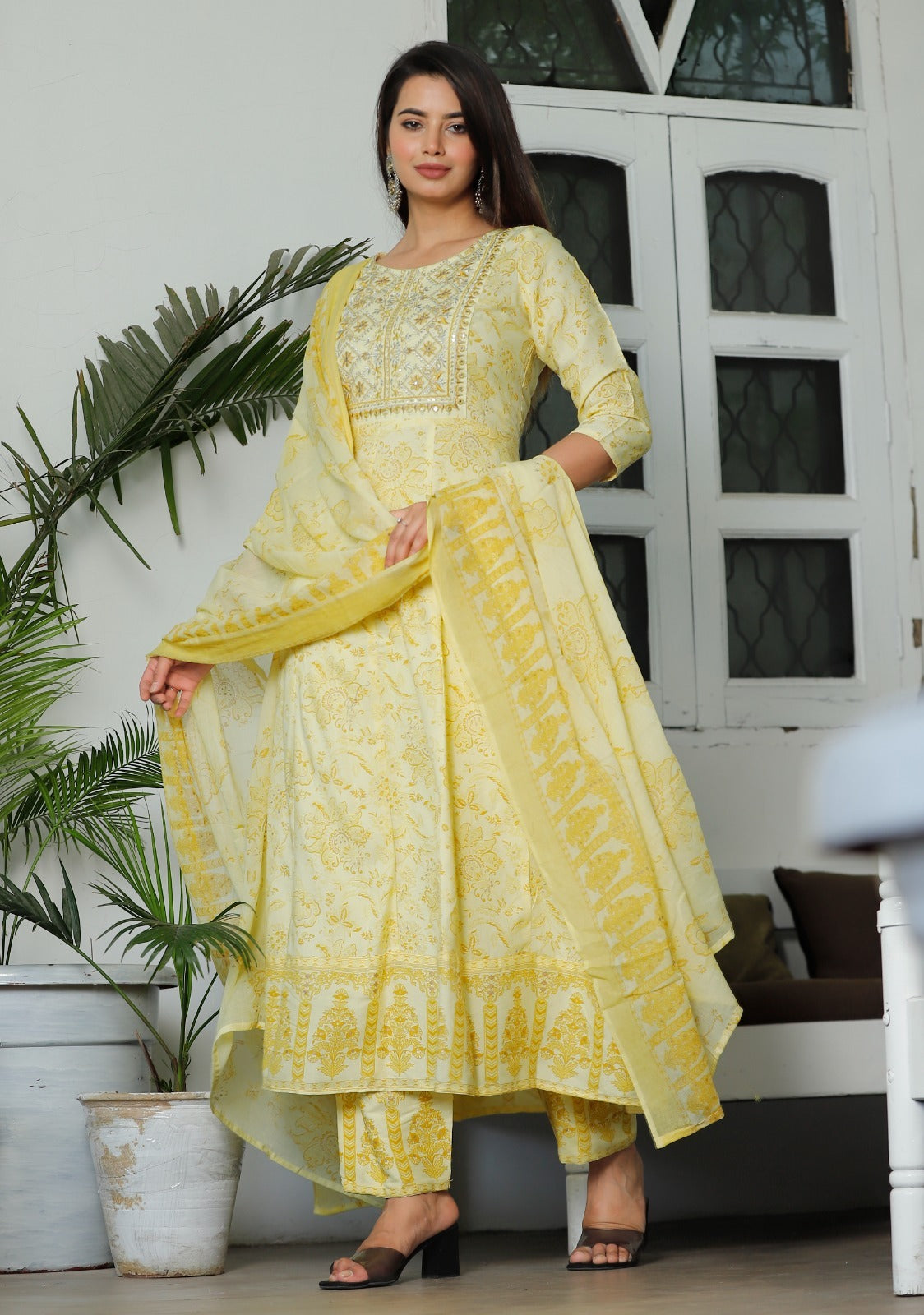 Women Multi-Color Rayon Anarkali Kurta Set with Embroidery & Cotton Dupatta