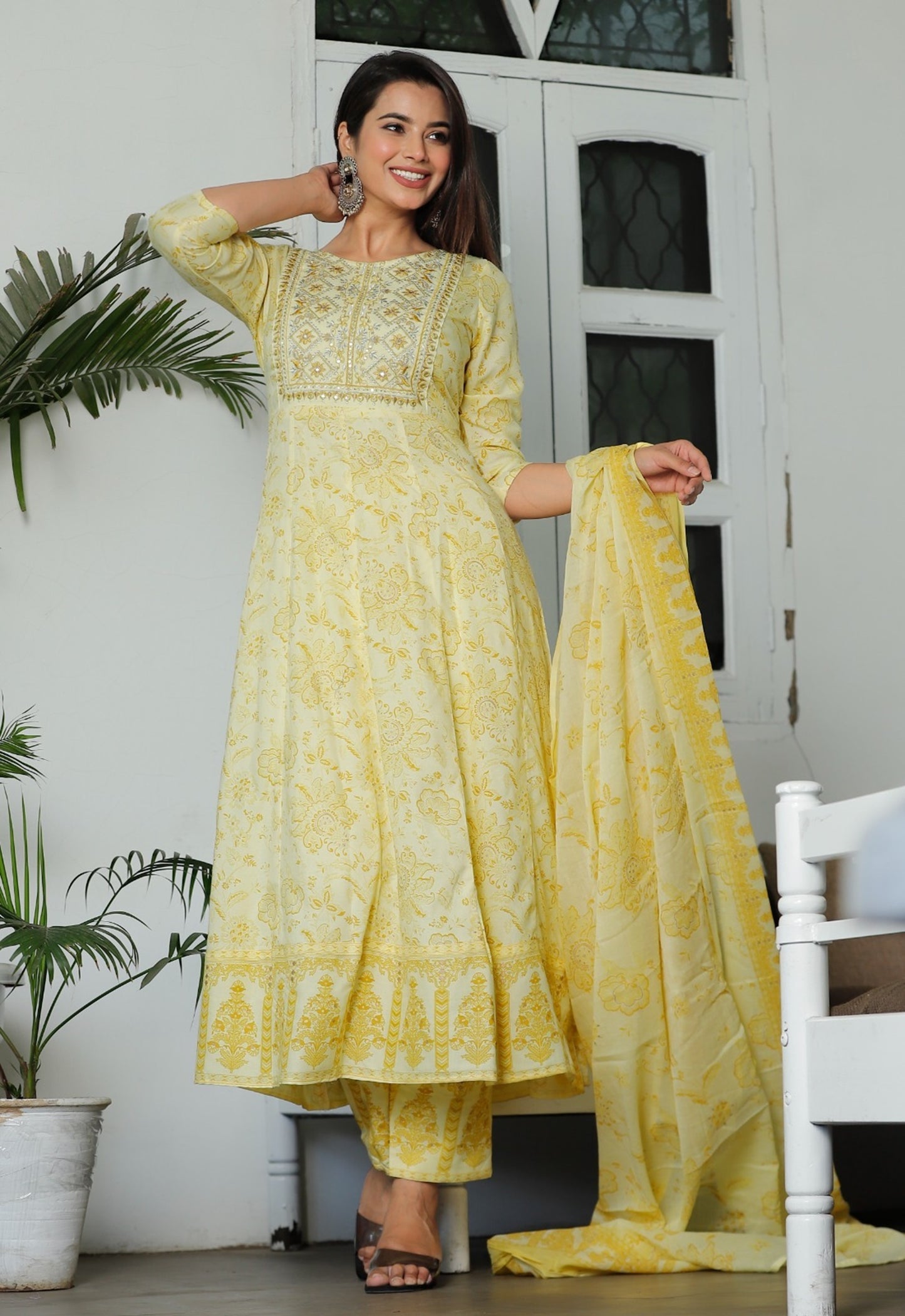 Women Multi-Color Rayon Anarkali Kurta Set with Embroidery & Cotton Dupatta