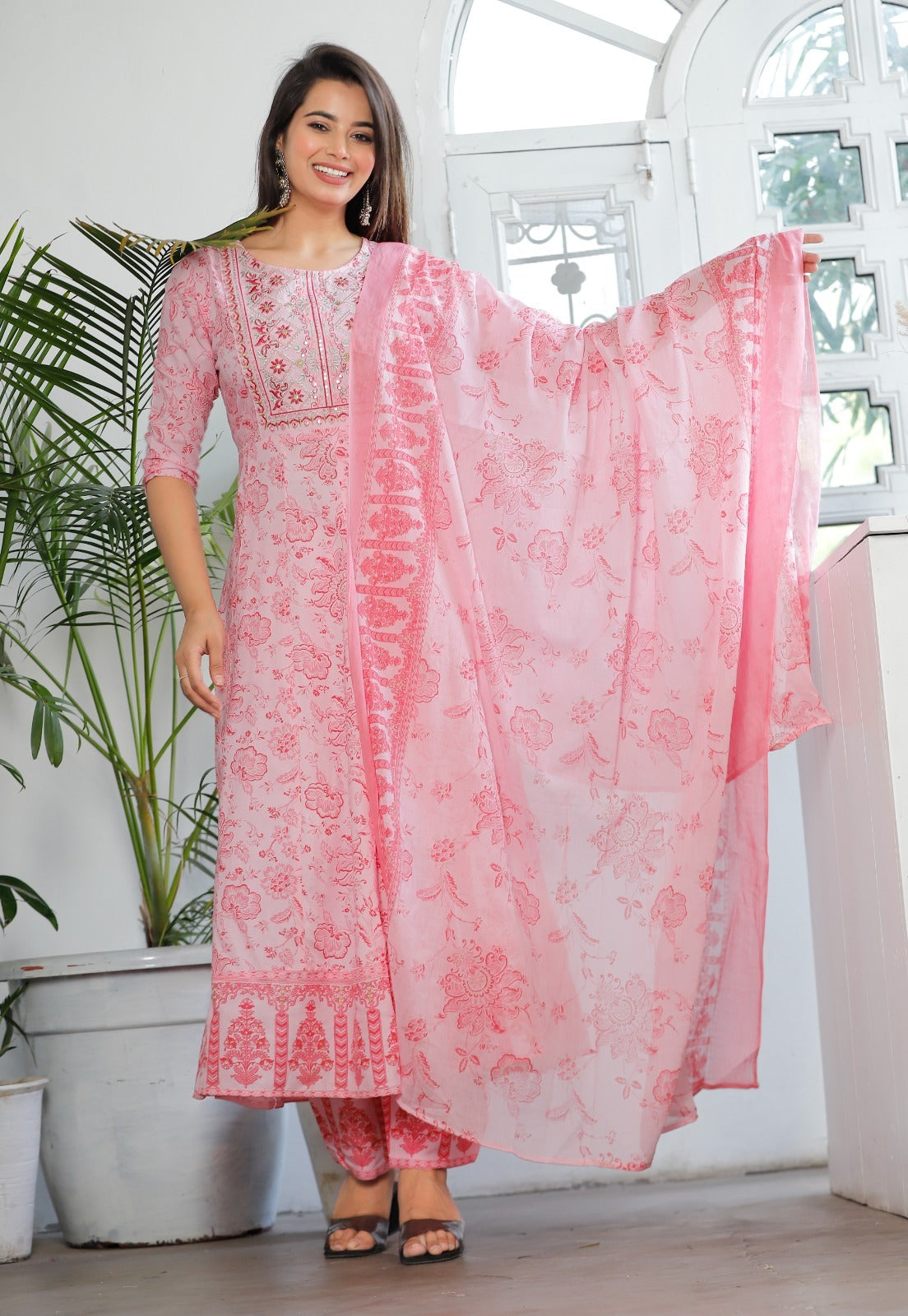 Women Multi-Color Rayon Anarkali Kurta Set with Embroidery & Cotton Dupatta