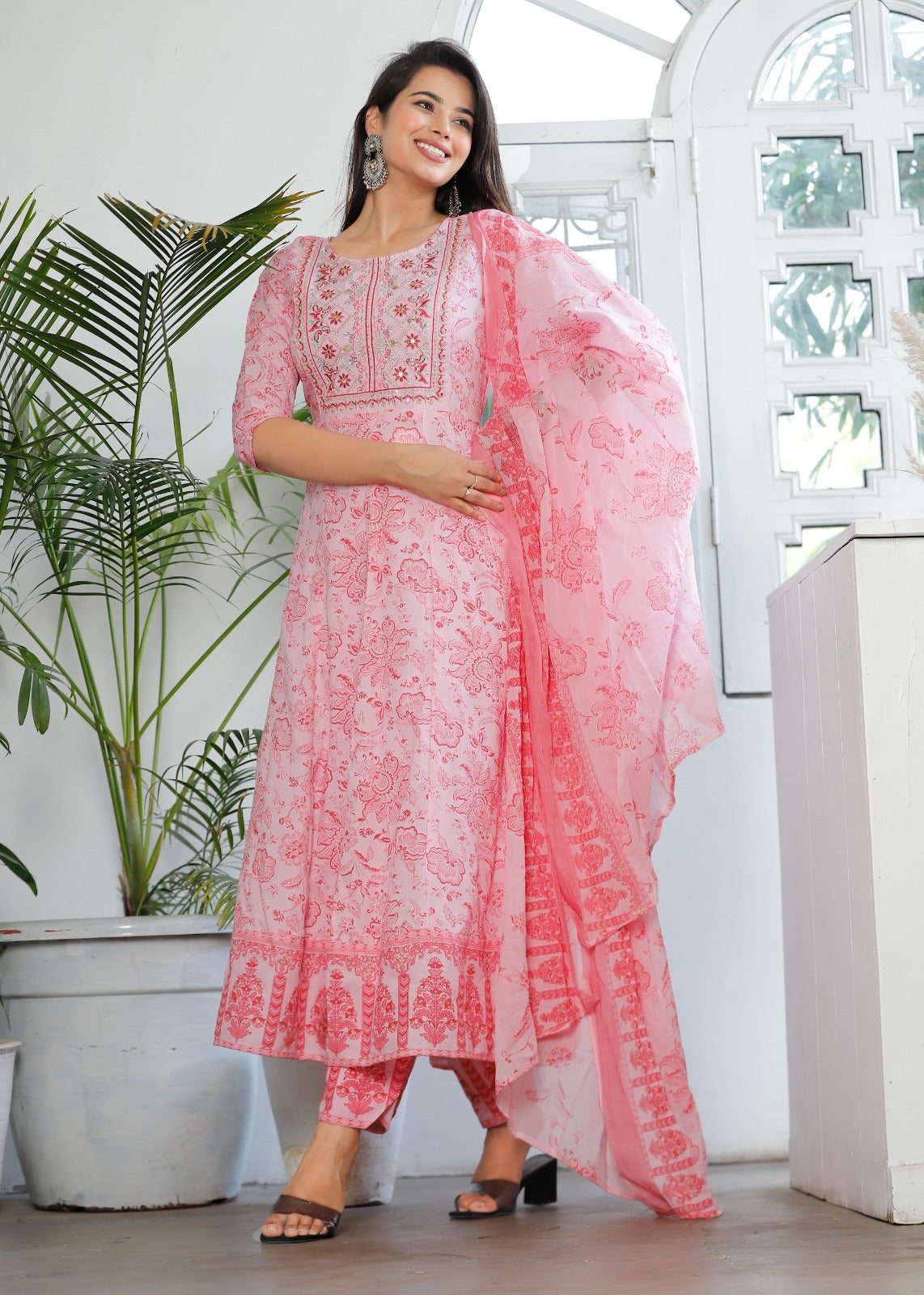 Women Multi-Color Rayon Anarkali Kurta Set with Embroidery & Cotton Dupatta
