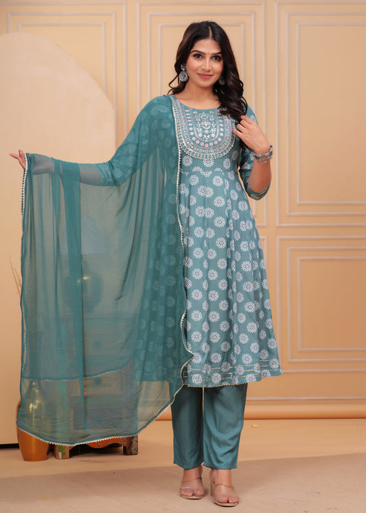 Women's Rayon Printed Anarkali Kurta Set with Embroidered Yoke and Chiffon Dupatta