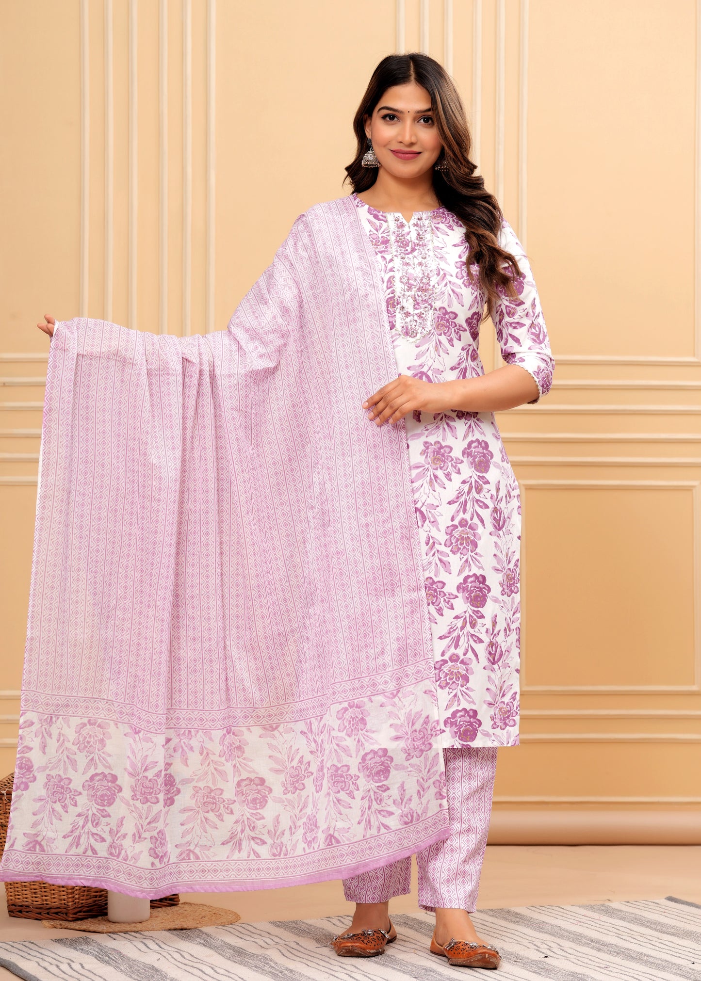 Women Rayon Printed Aliya Floral Print Straight Kurta Set with Cotton Dupatta