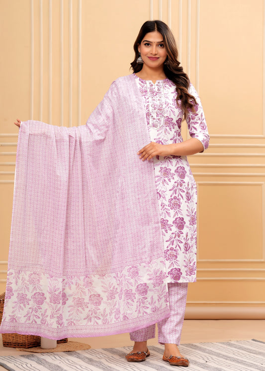 Women Rayon Printed Aliya Floral Print Straight Kurta Set with Cotton Dupatta