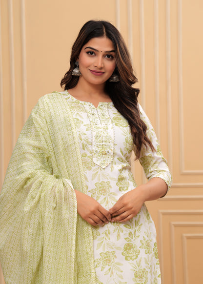 Women Rayon Printed Aliya Floral Print Straight Kurta Set with Cotton Dupatta