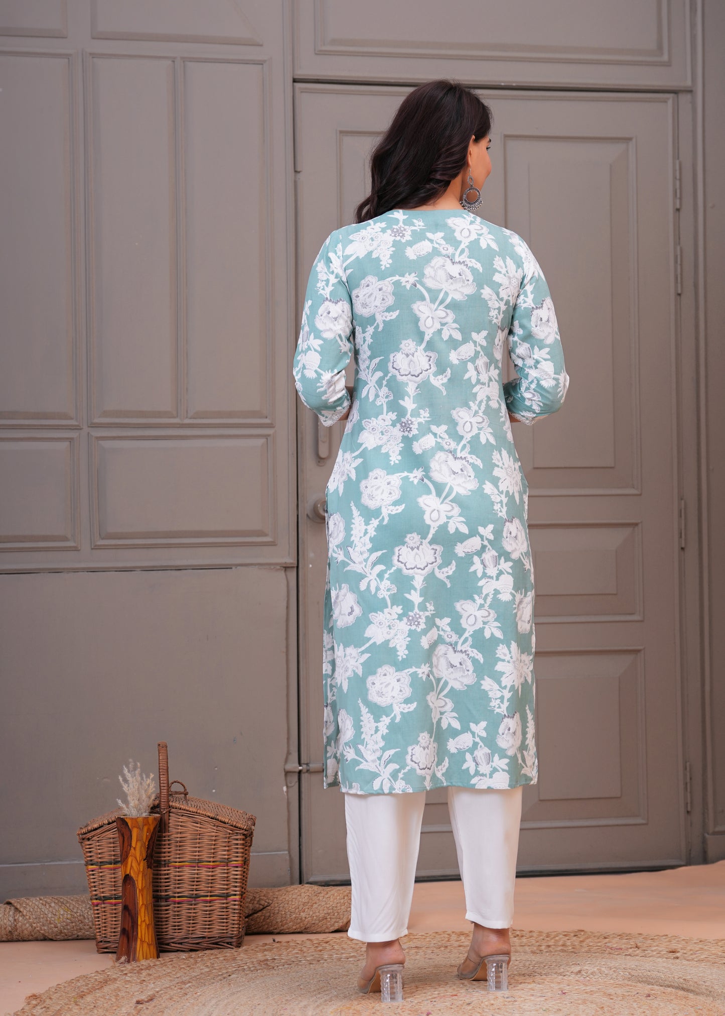 Women's Sea Green Floral Printed Cotton Straight Kurta with White Pants