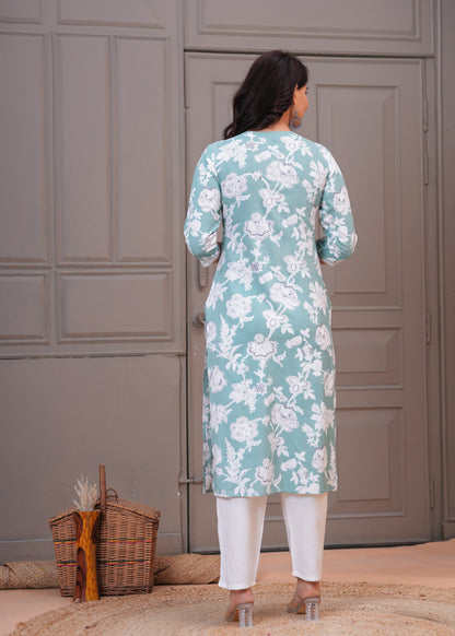Women's Sea Green Floral Printed Cotton Straight Kurta with White Pants