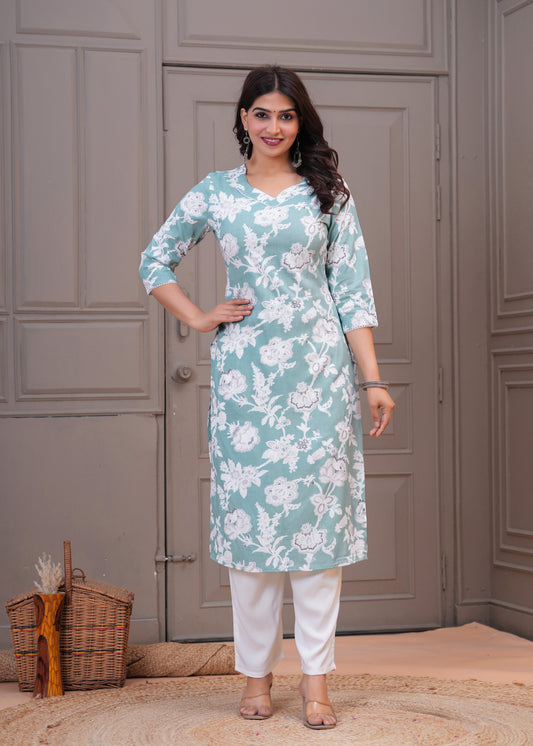 Women's Sea Green Floral Printed Cotton Straight Kurta with White Pants