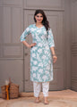 Women's Sea Green Floral Printed Cotton Straight Kurta with White Pants