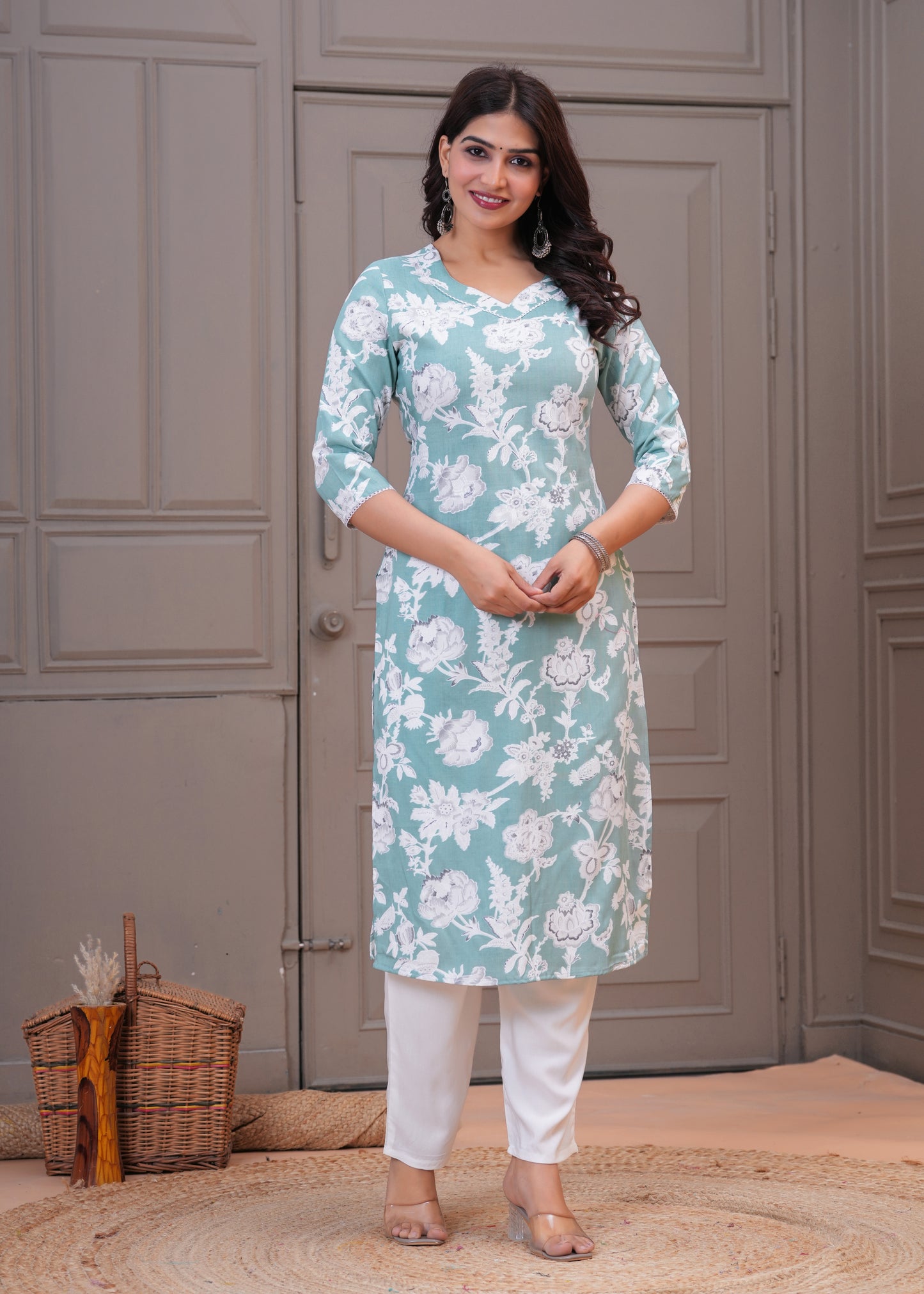 Women's Sea Green Floral Printed Cotton Straight Kurta with White Pants