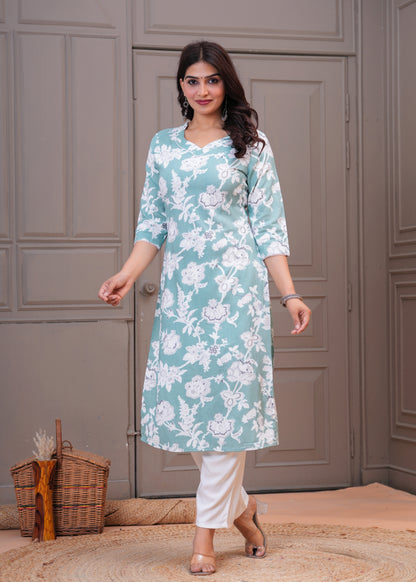 Women's Sea Green Floral Printed Cotton Straight Kurta with White Pants