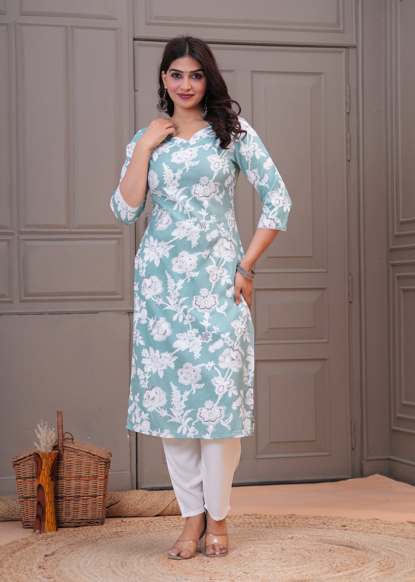 Women's Sea Green Floral Printed Cotton Straight Kurta with White Pants