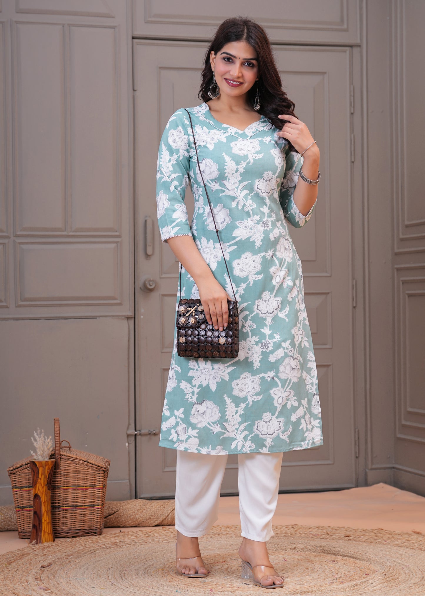 Women's Sea Green Floral Printed Cotton Straight Kurta with White Pants