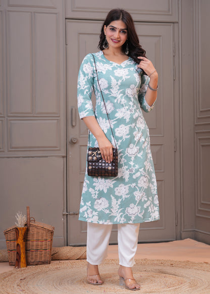 Women's Sea Green Floral Printed Cotton Straight Kurta with White Pants