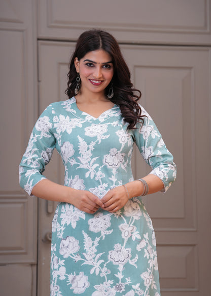 Women's Sea Green Floral Printed Cotton Straight Kurta with White Pants