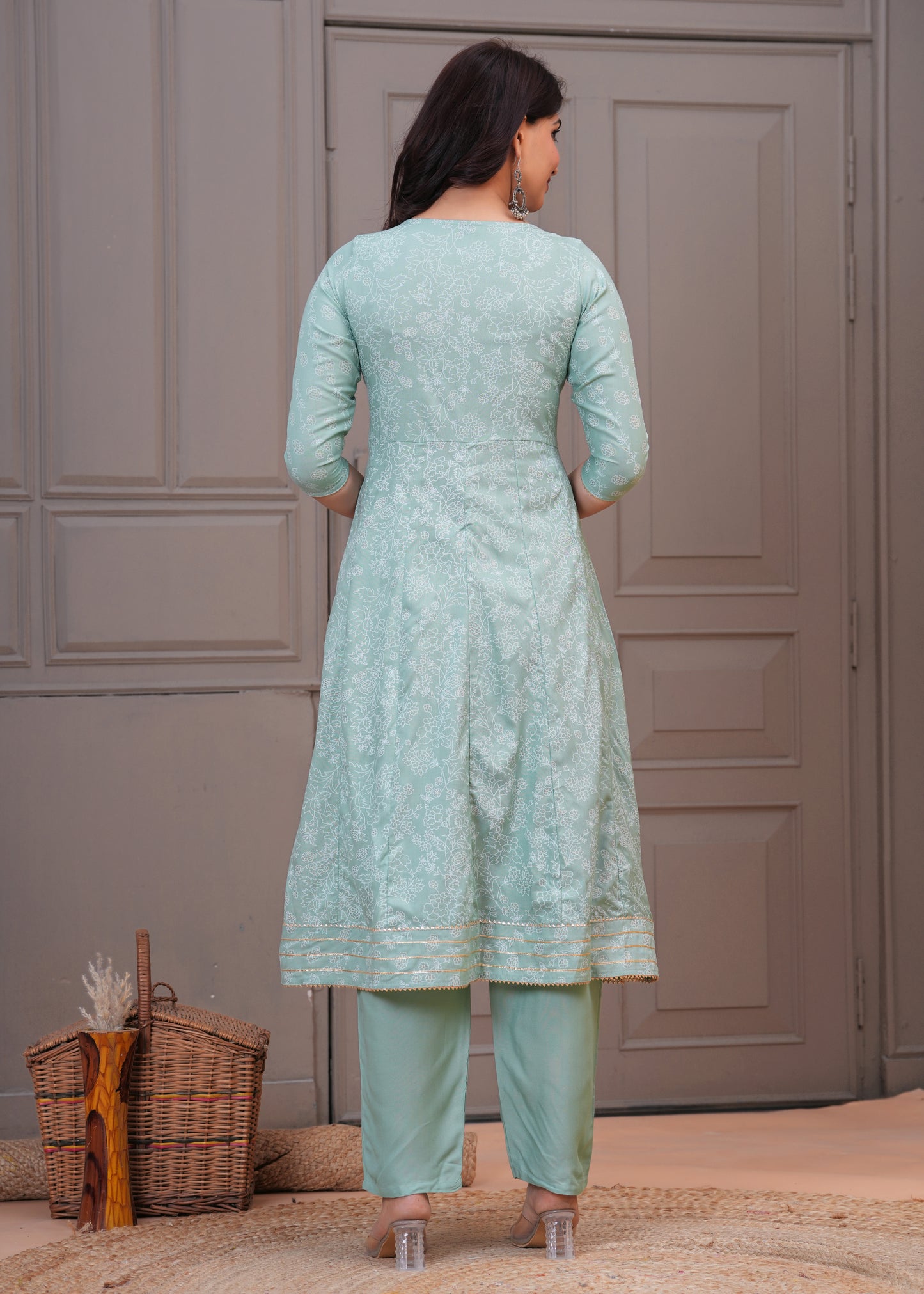 Women Mint Green A-Line Kurta Set with Embroidered Yoke & Dupatta