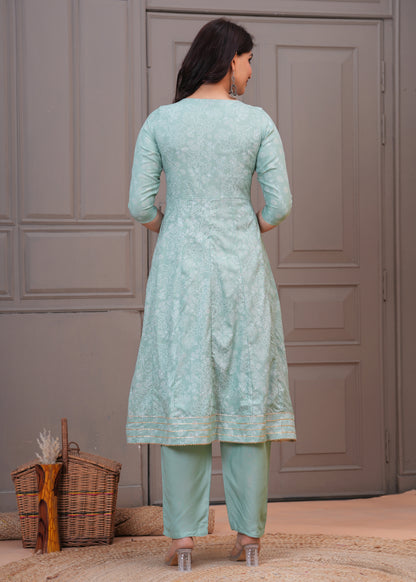 Women Mint Green A-Line Kurta Set with Embroidered Yoke & Dupatta
