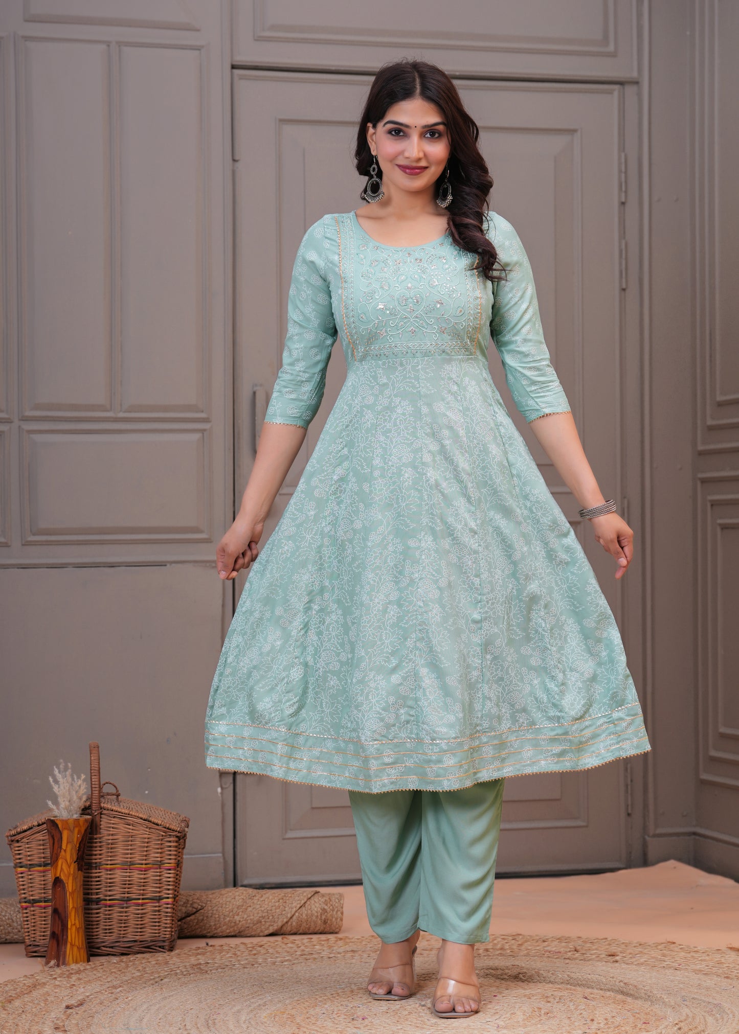 Women Mint Green A-Line Kurta Set with Embroidered Yoke & Dupatta